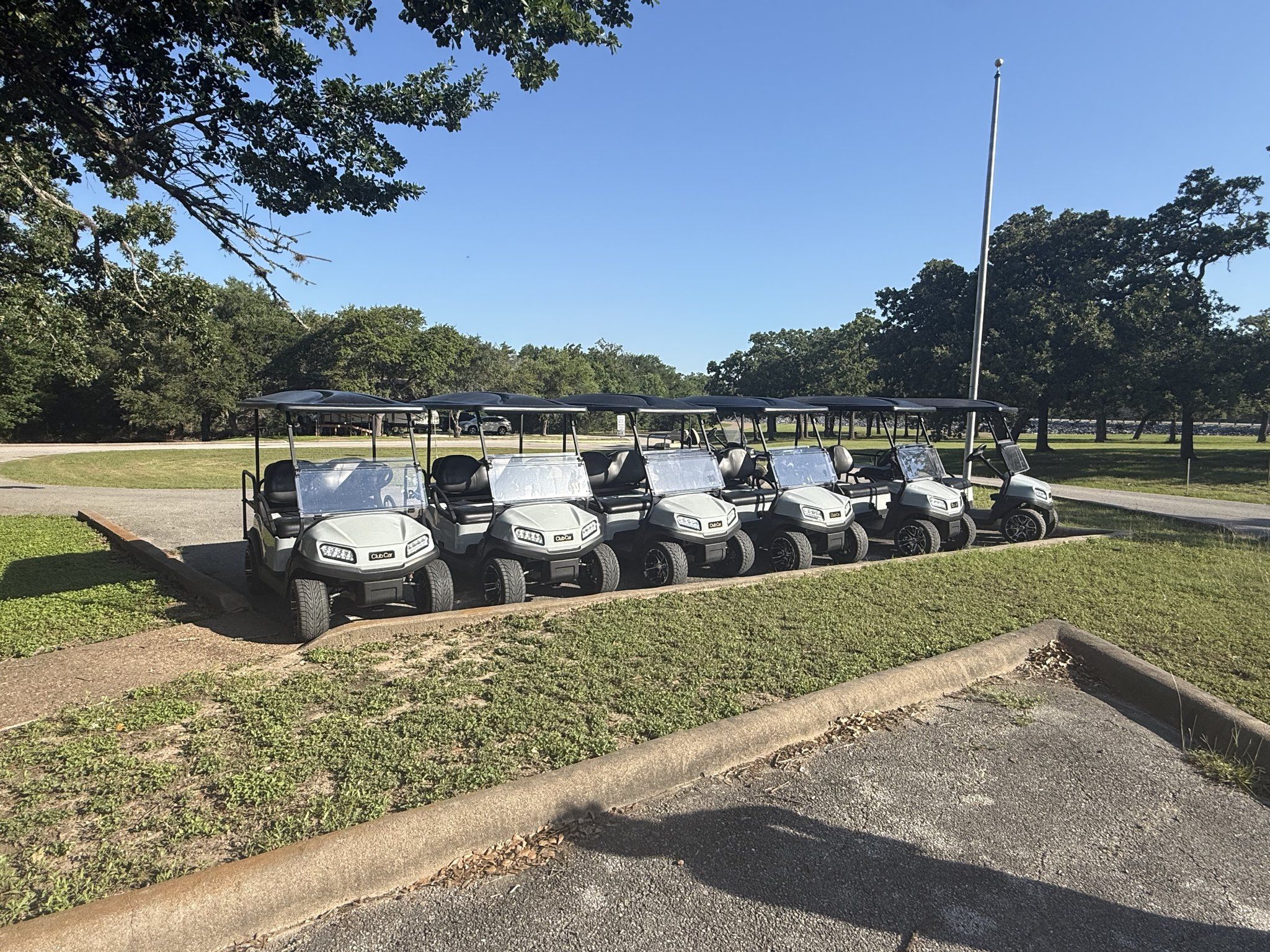 Six white rental golf carts lined up in a row on the grass beside the flagpole under mature oaks