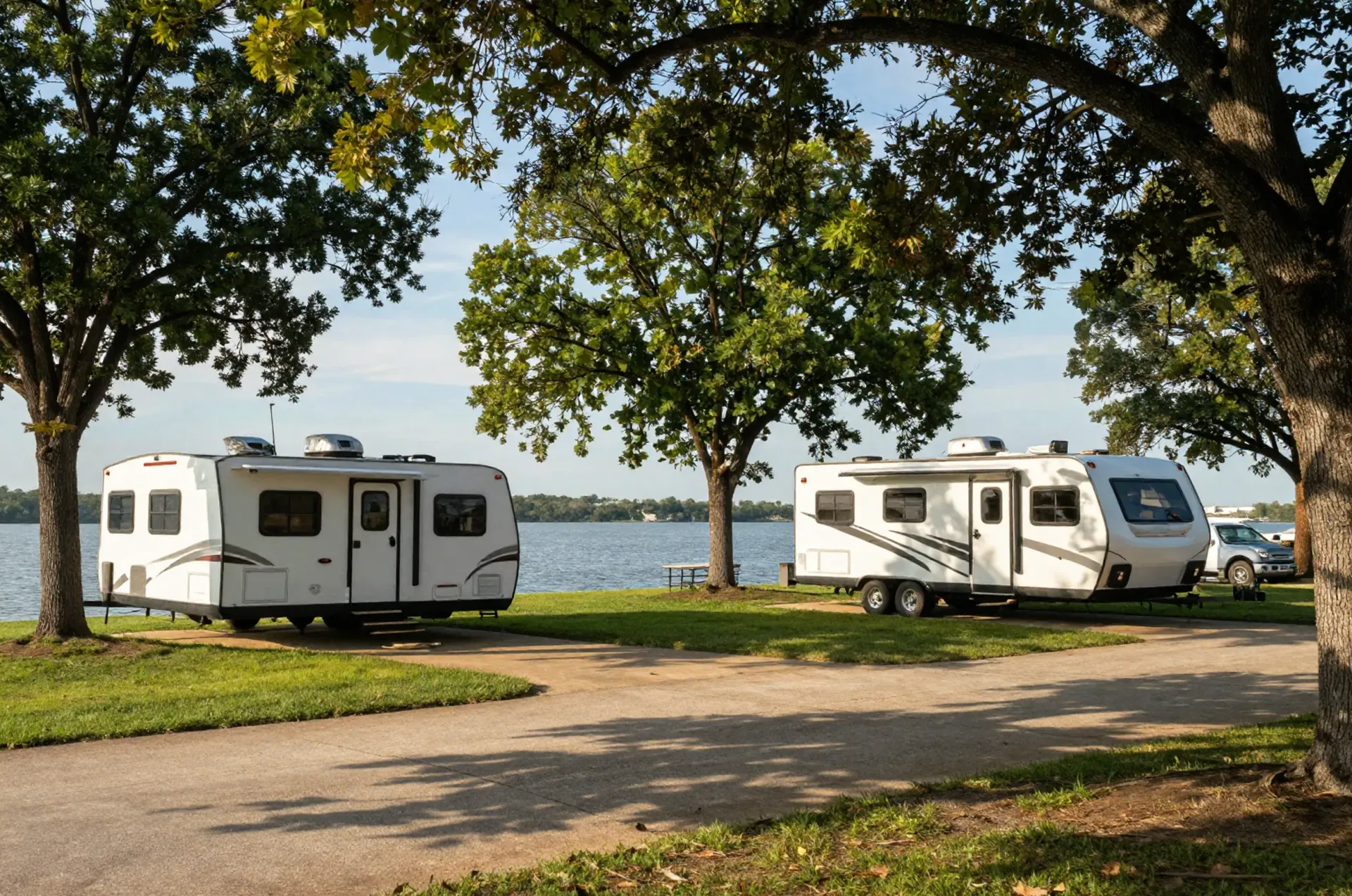 Shaded RV sites at Overlook Park with mature trees
