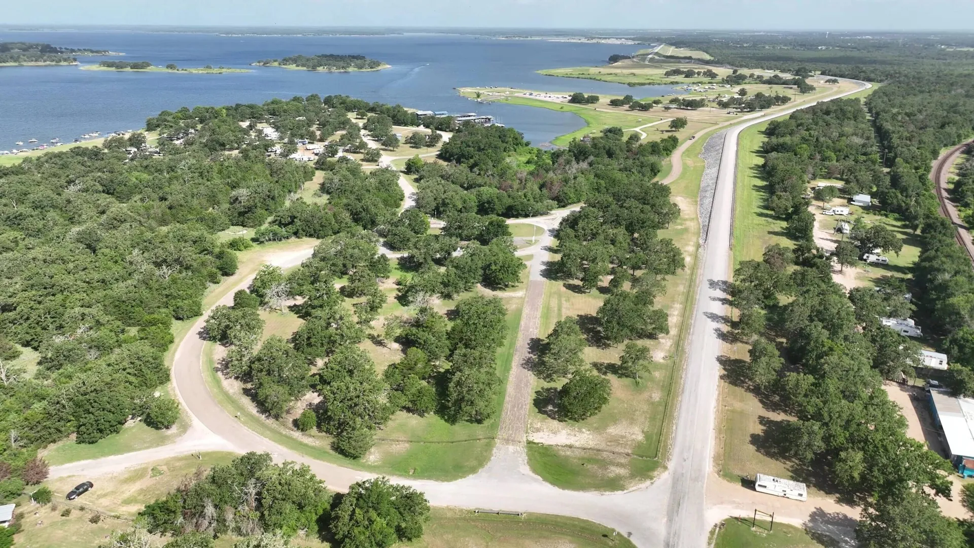 Aerial view of Lake Somerville activities and open water