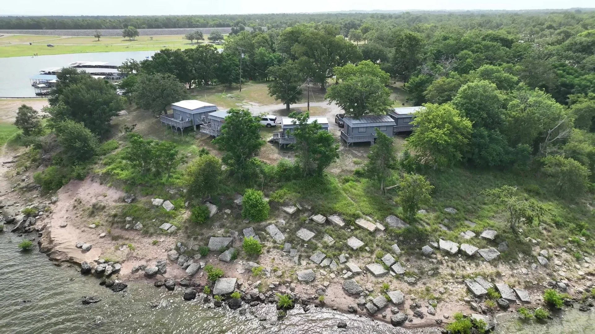 Lakeside cabins and RV sites at Overlook campground on Lake Somerville